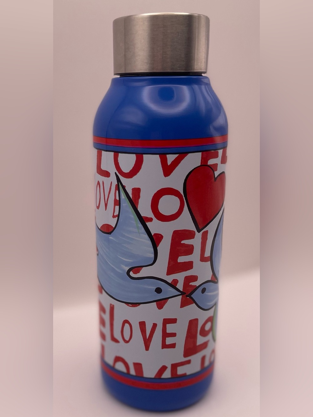 Brighton Love Doves Stainless Steel Water Bottle Blue w/Red Hearts